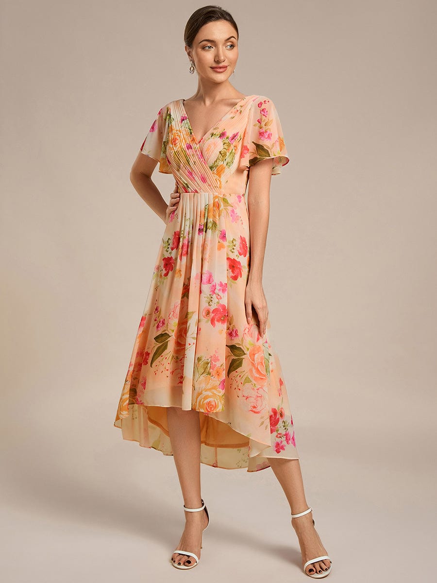ever FAYE|Elegant V-Neck Flowy High-Low Short Sleeve Wedding Guest Dress