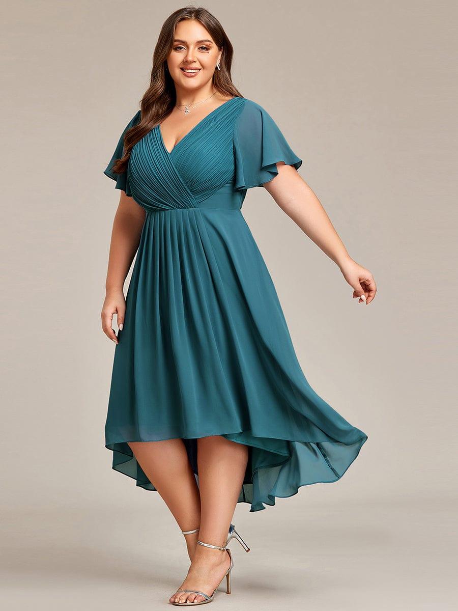 ever FAYE|Chic V Neck Asymmetrical Hem Ruffles Sleeve Pleated Chiffon Wedding Guest Dress