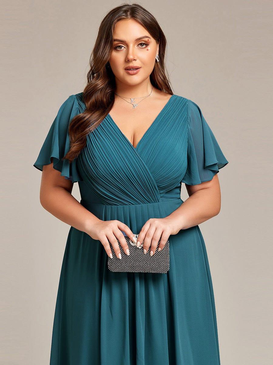 ever FAYE|Chic V Neck Asymmetrical Hem Ruffles Sleeve Pleated Chiffon Wedding Guest Dress