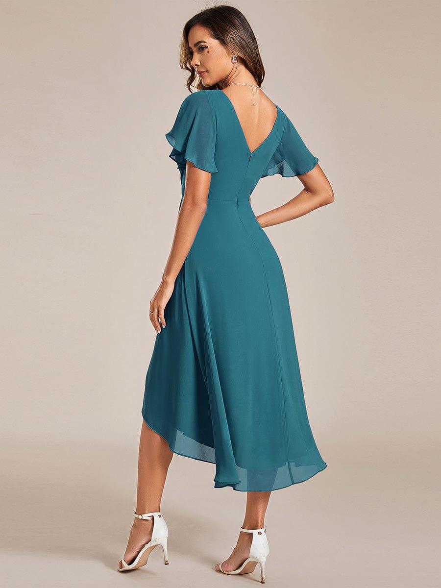 ever FAYE|Chic V Neck Asymmetrical Hem Ruffles Sleeve Pleated Chiffon Wedding Guest Dress