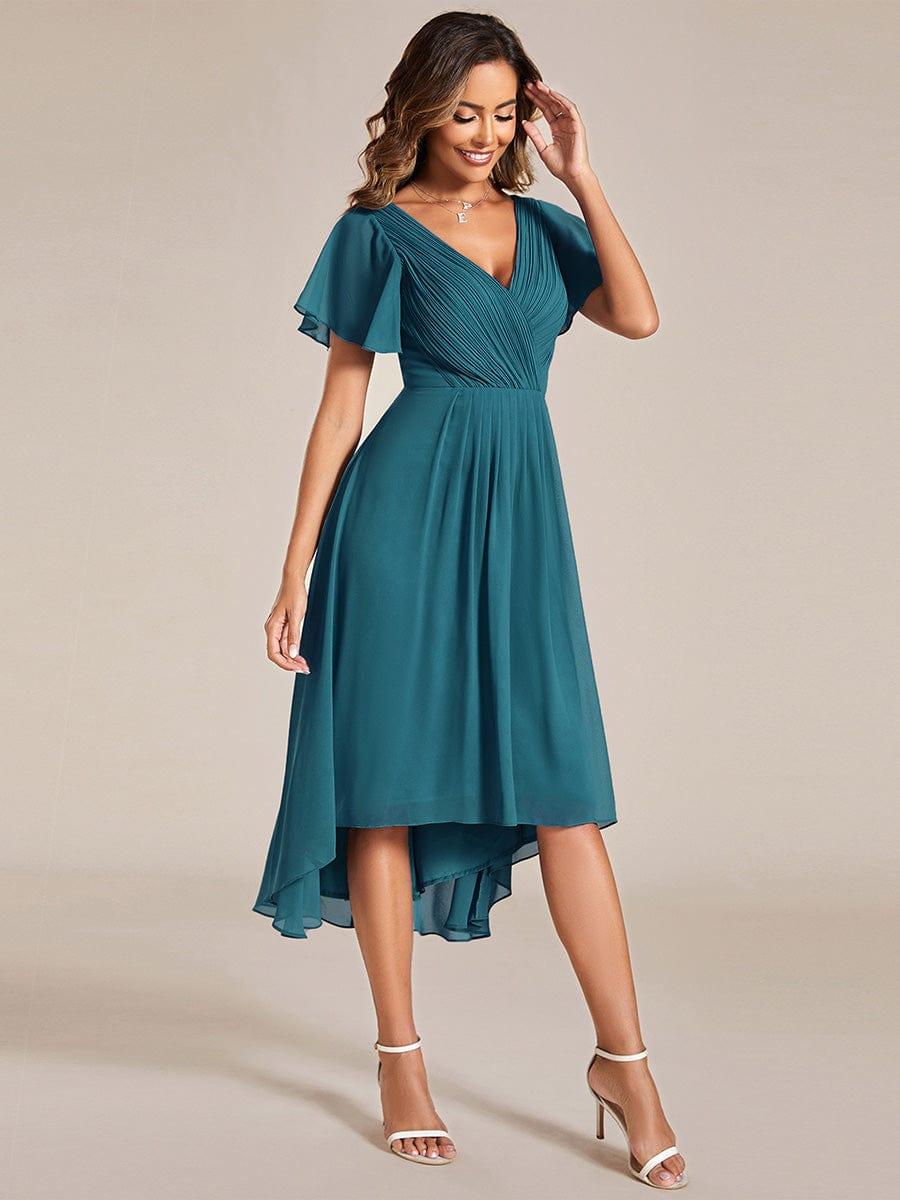 ever FAYE|Chic V Neck Asymmetrical Hem Ruffles Sleeve Pleated Chiffon Wedding Guest Dress