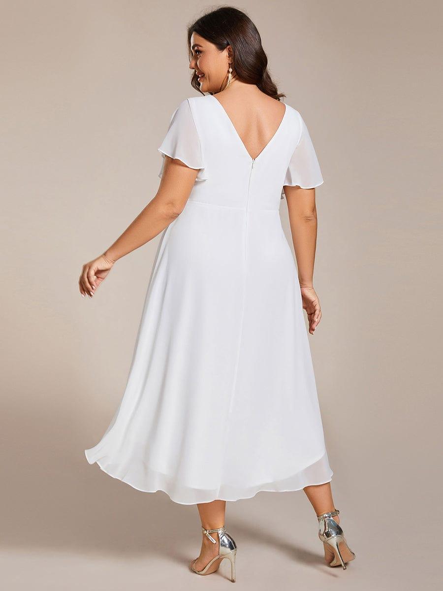 ever FAYE|Chic V Neck Asymmetrical Hem Ruffles Sleeve Pleated Chiffon Wedding Guest Dress