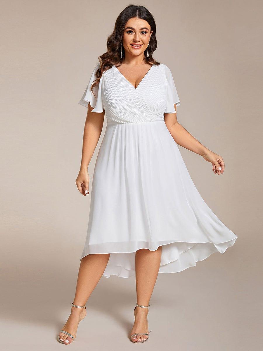 ever FAYE|Chic V Neck Asymmetrical Hem Ruffles Sleeve Pleated Chiffon Wedding Guest Dress