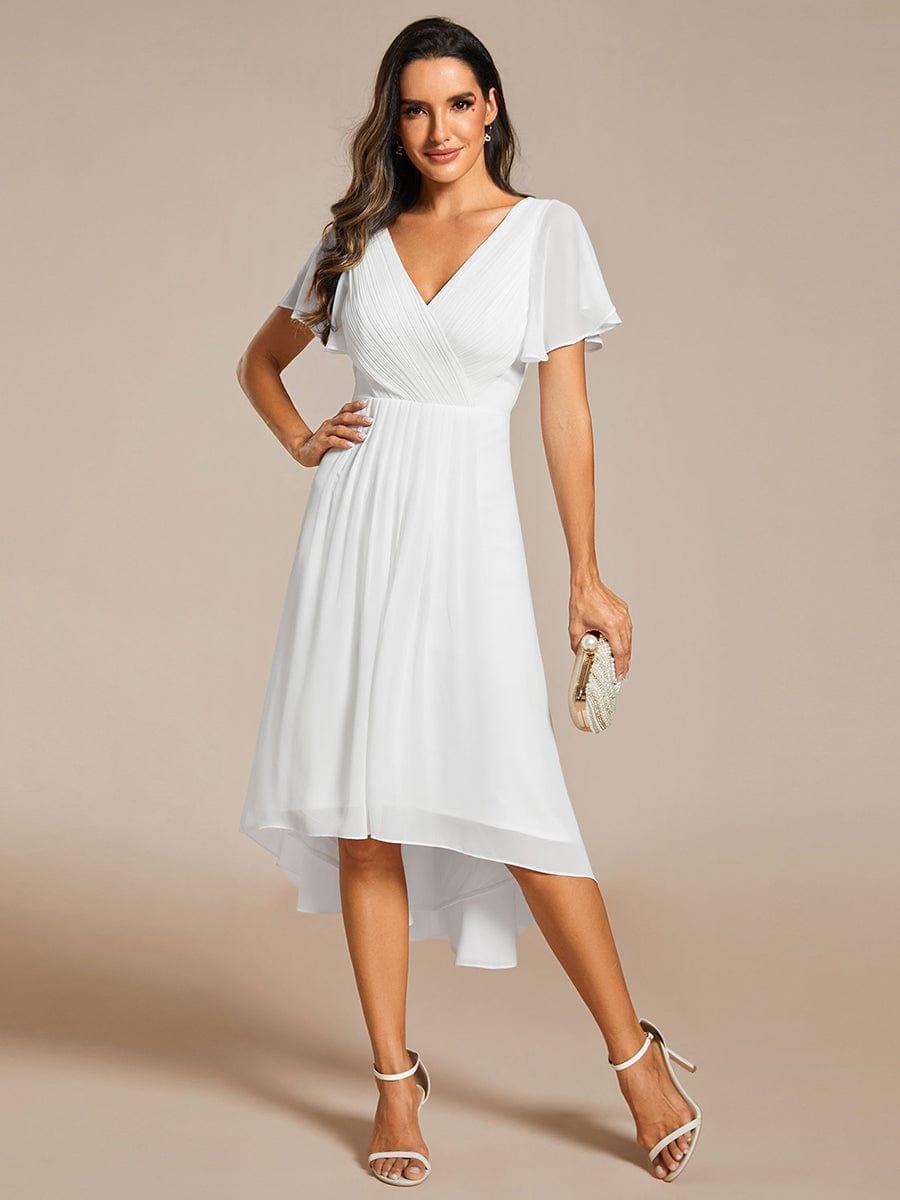 ever FAYE|Chic V Neck Asymmetrical Hem Ruffles Sleeve Pleated Chiffon Wedding Guest Dress