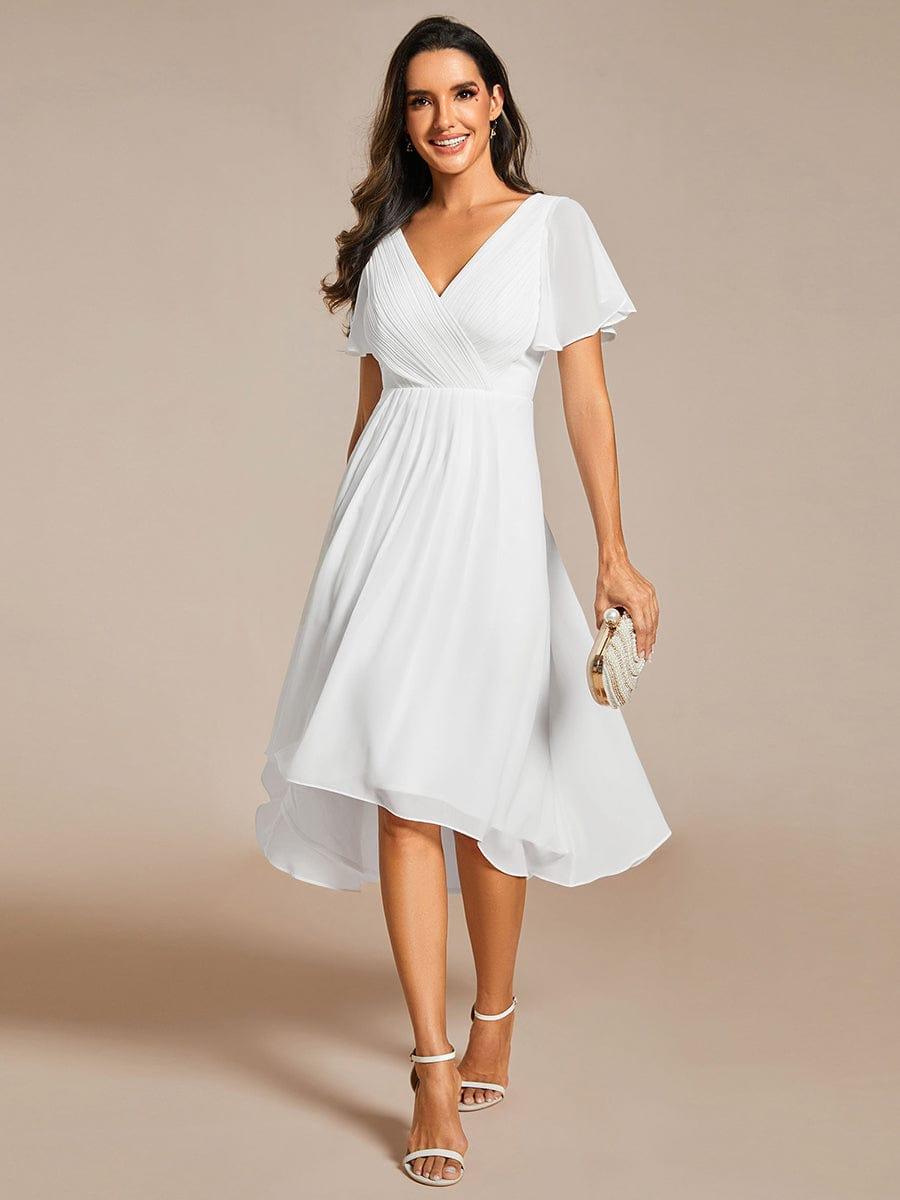 ever FAYE|Chic V Neck Asymmetrical Hem Ruffles Sleeve Pleated Chiffon Wedding Guest Dress