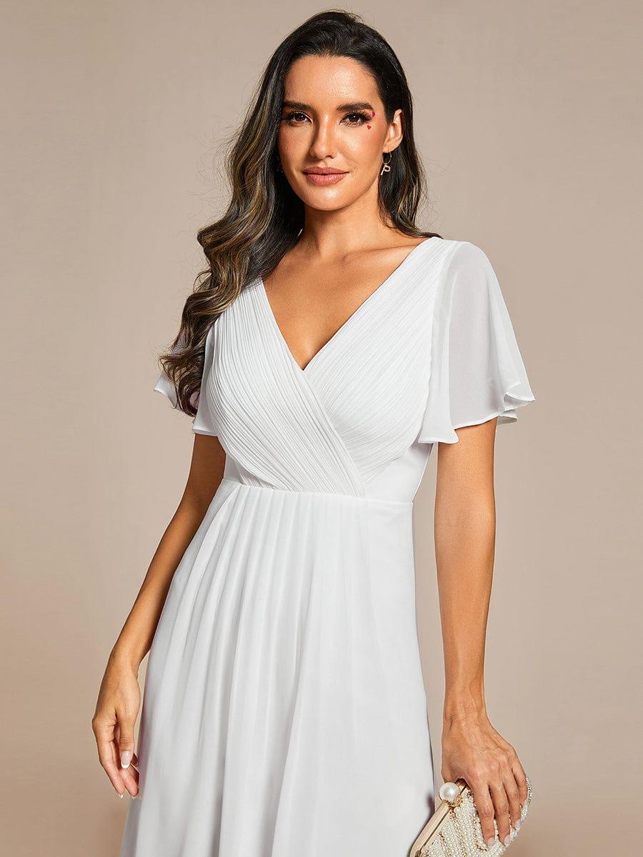 ever FAYE|Chic V Neck Asymmetrical Hem Ruffles Sleeve Pleated Chiffon Wedding Guest Dress