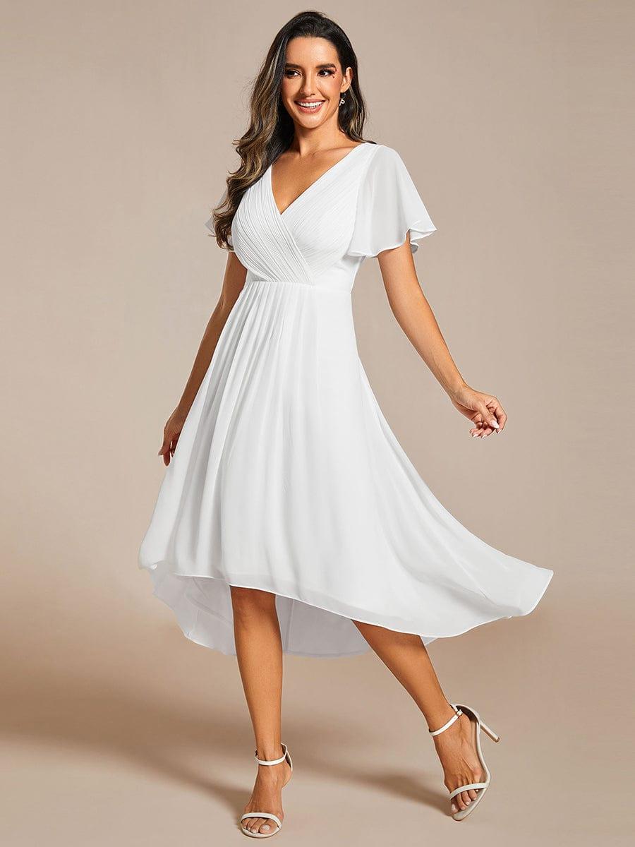 ever FAYE|Chic V Neck Asymmetrical Hem Ruffles Sleeve Pleated Chiffon Wedding Guest Dress