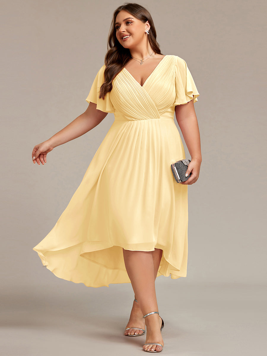 ever FAYE|Chic V Neck High-Low Short Sleeve Wedding Guest Dress