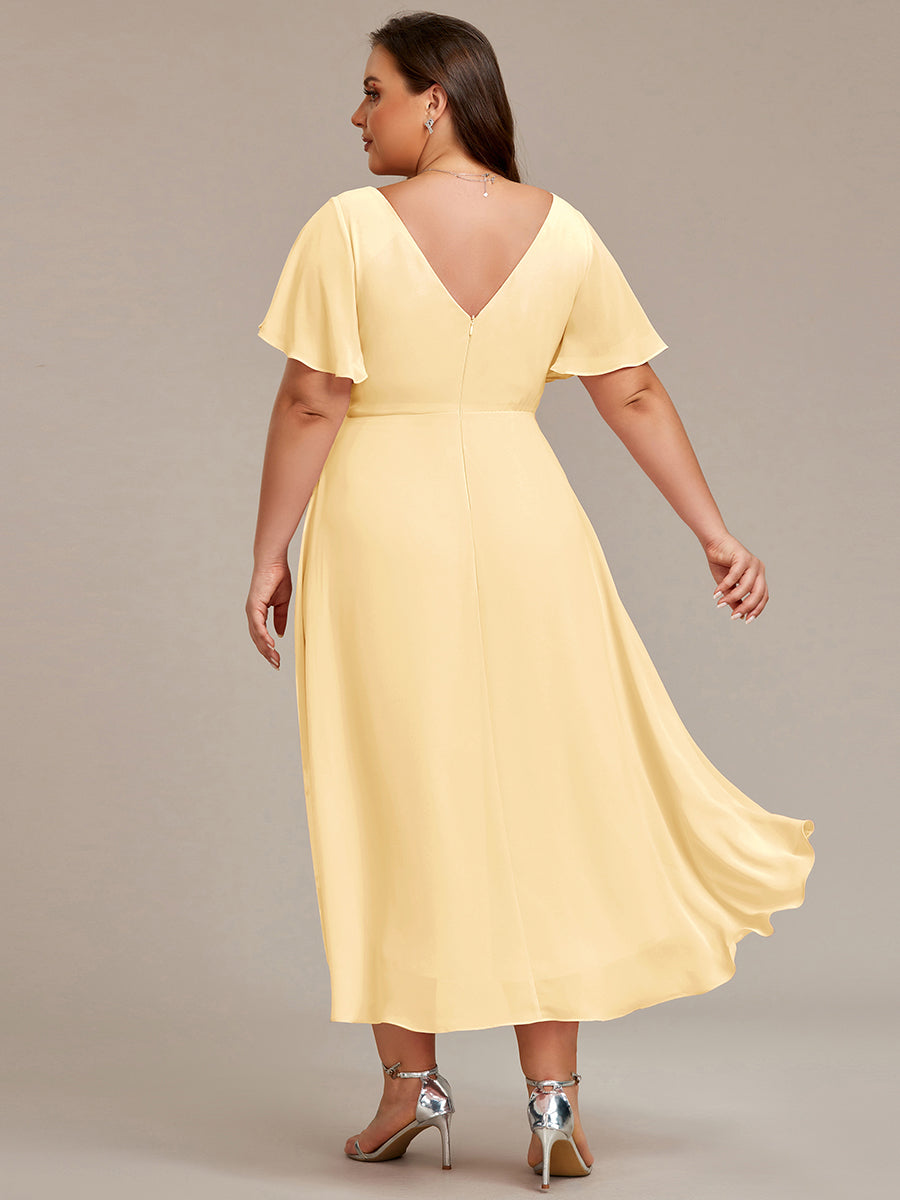 ever FAYE|Chic V Neck High-Low Short Sleeve Wedding Guest Dress