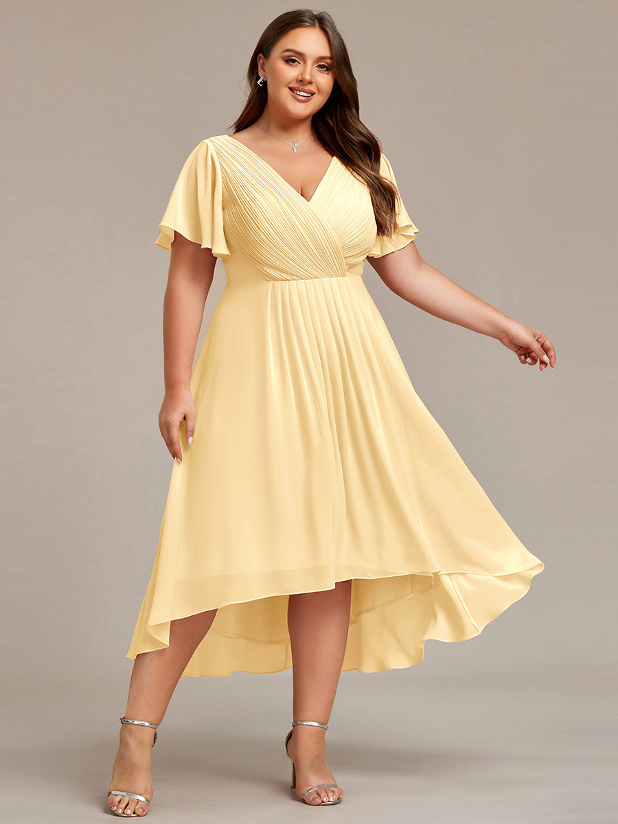ever FAYE|Chic V Neck High-Low Short Sleeve Wedding Guest Dress