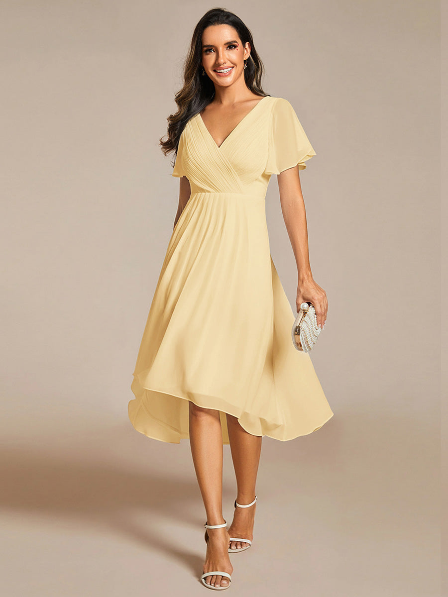ever FAYE|Chic V Neck High-Low Short Sleeve Wedding Guest Dress