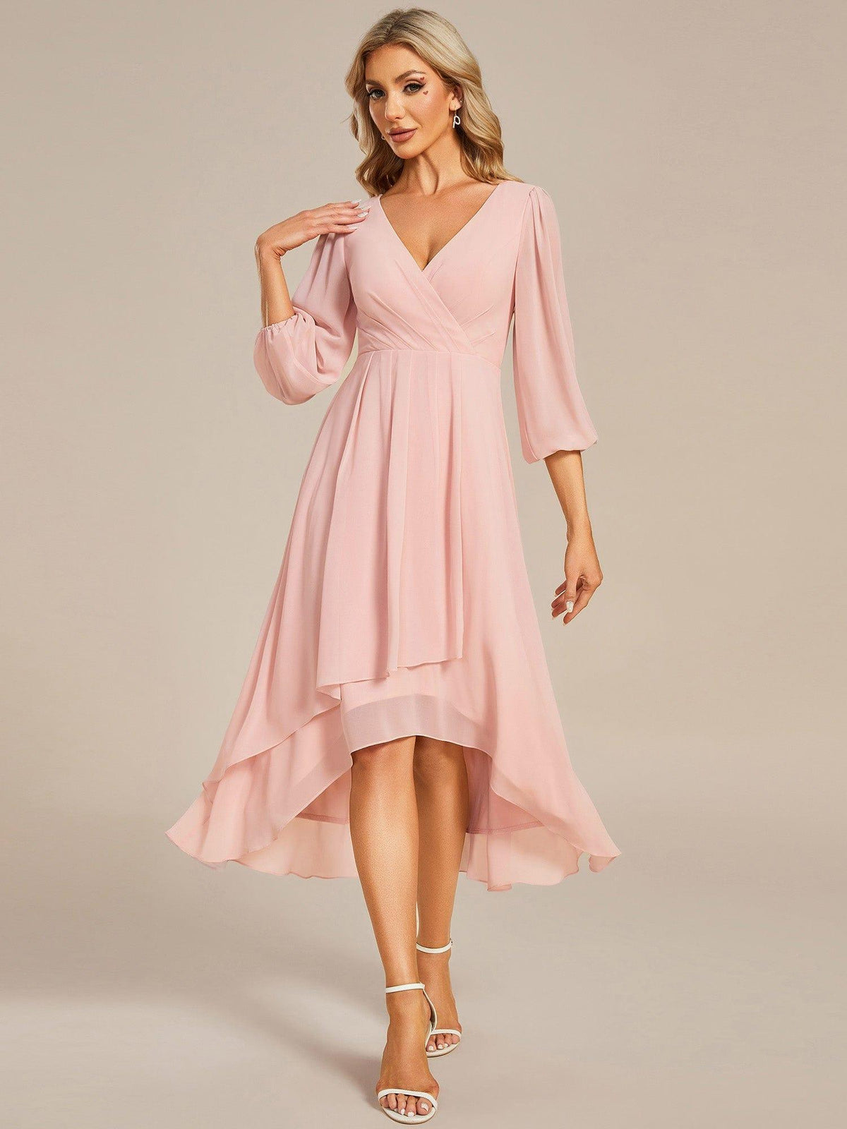 ever BRIAR|3/4 Sleeves Asymmetrical Hem A-Line Midi Bridesmaid Dress