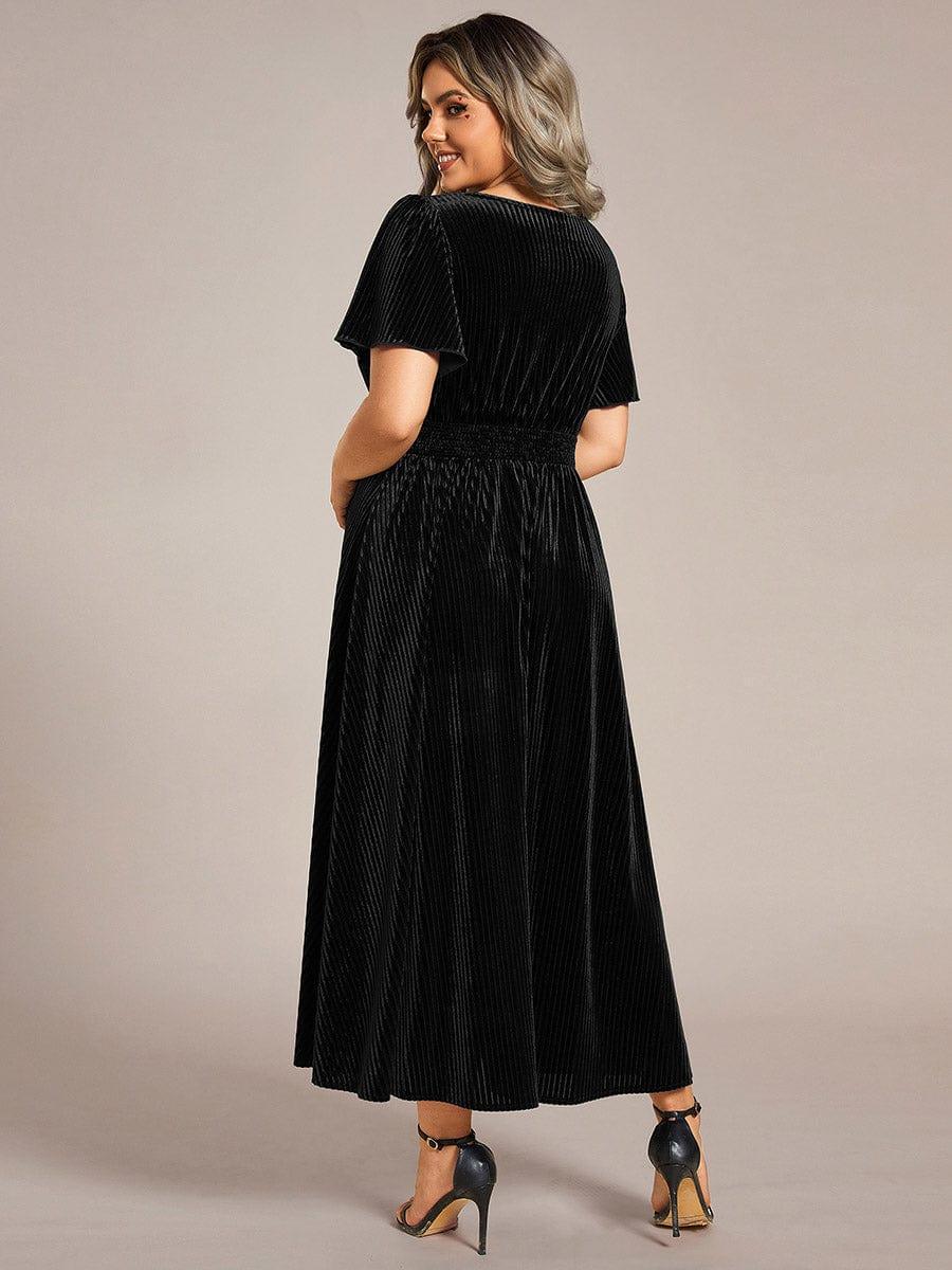 ever AZALEA|V-Neck Waist Pleated Design Short Sleeves Fall Velvet Midi Evening Dress