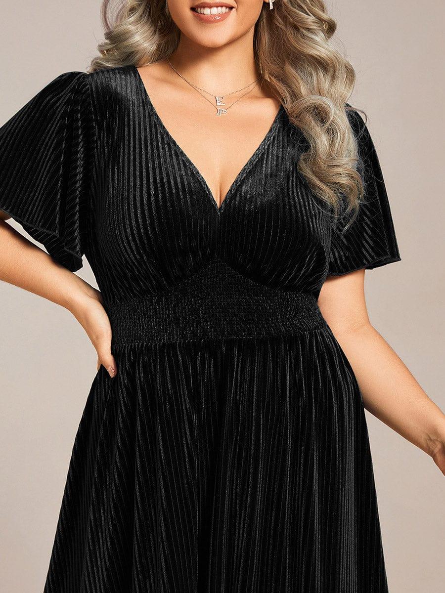ever AZALEA|Graceful V-Neck Waist Design Short Sleeves Fall Velvet Midi Wedding Guest Dress