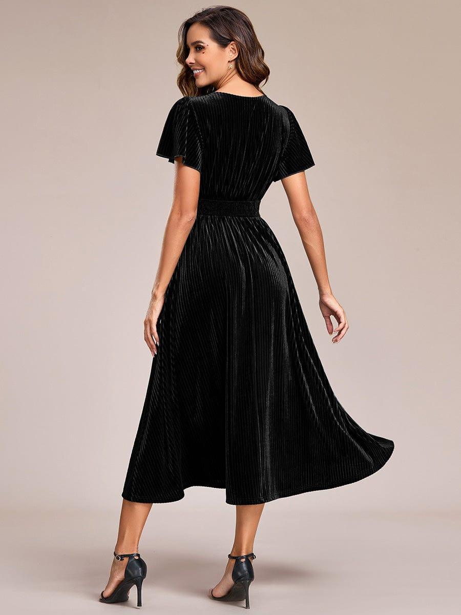 ever AZALEA|V-Neck Waist Pleated Design Short Sleeves Fall Velvet Midi Evening Dress