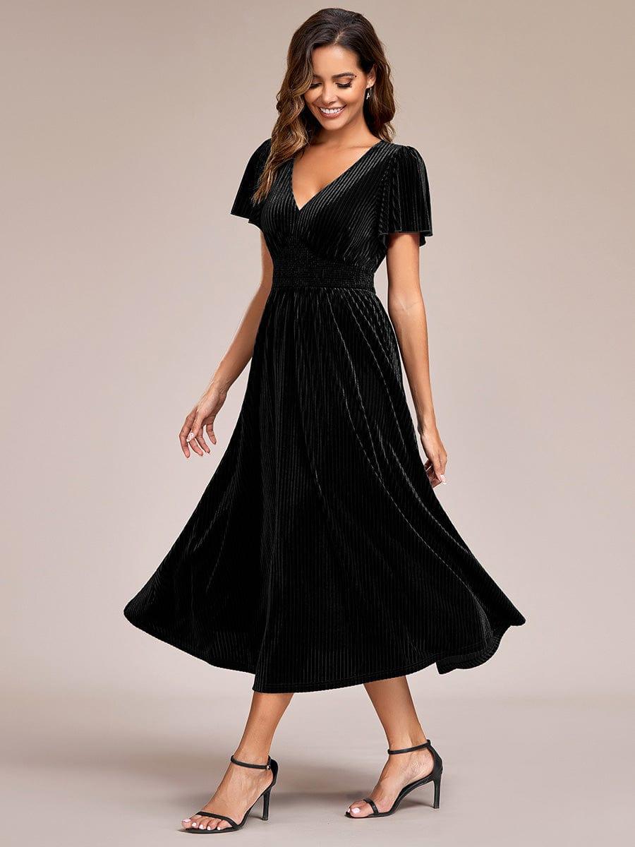 ever AZALEA|V-Neck Waist Pleated Design Short Sleeves Fall Velvet Midi Evening Dress