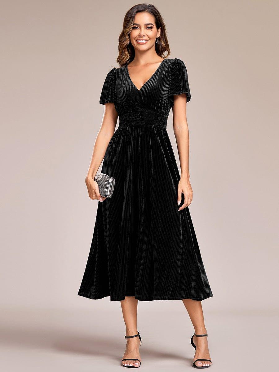 ever AZALEA|Graceful V-Neck Waist Design Short Sleeves Fall Velvet Midi Bridesmaid Dress