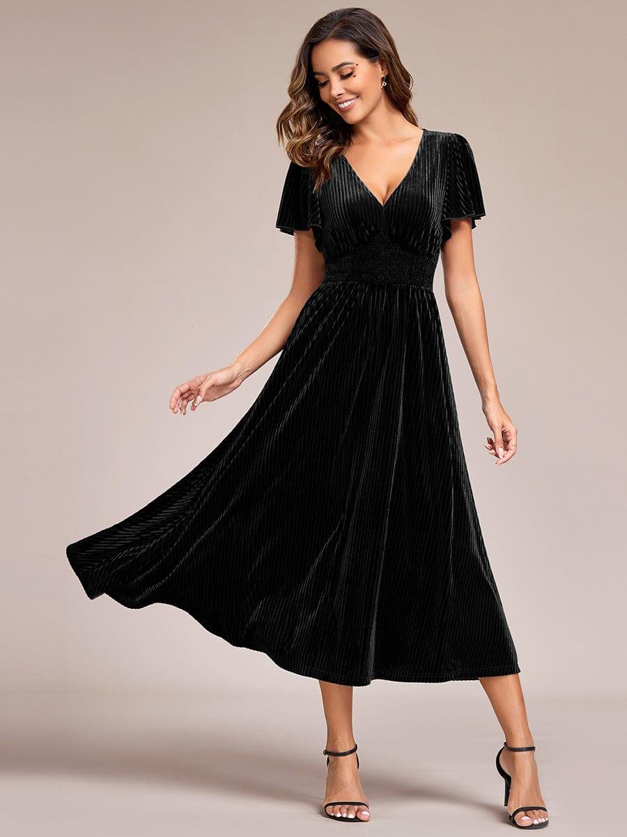 ever AZALEA|V-Neck Waist Pleated Design Short Sleeves Fall Velvet Midi Evening Dress
