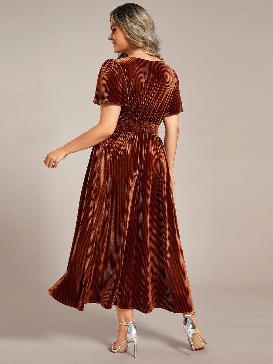 ever AZALEA|V-Neck Waist Pleated Design Short Sleeves Fall Velvet Midi Evening Dress