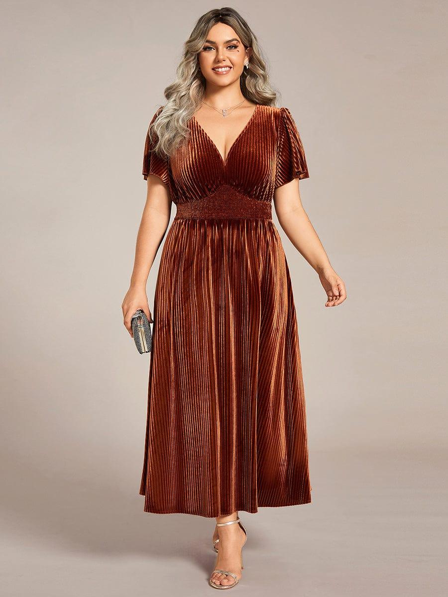 ever AZALEA|V-Neck Waist Pleated Design Short Sleeves Fall Velvet Midi Evening Dress