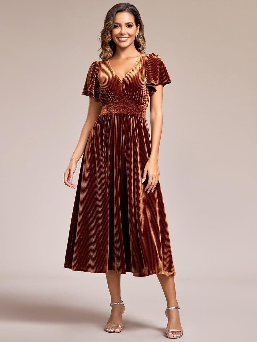 ever AZALEA|V-Neck Waist Pleated Design Short Sleeves Fall Velvet Midi Evening Dress