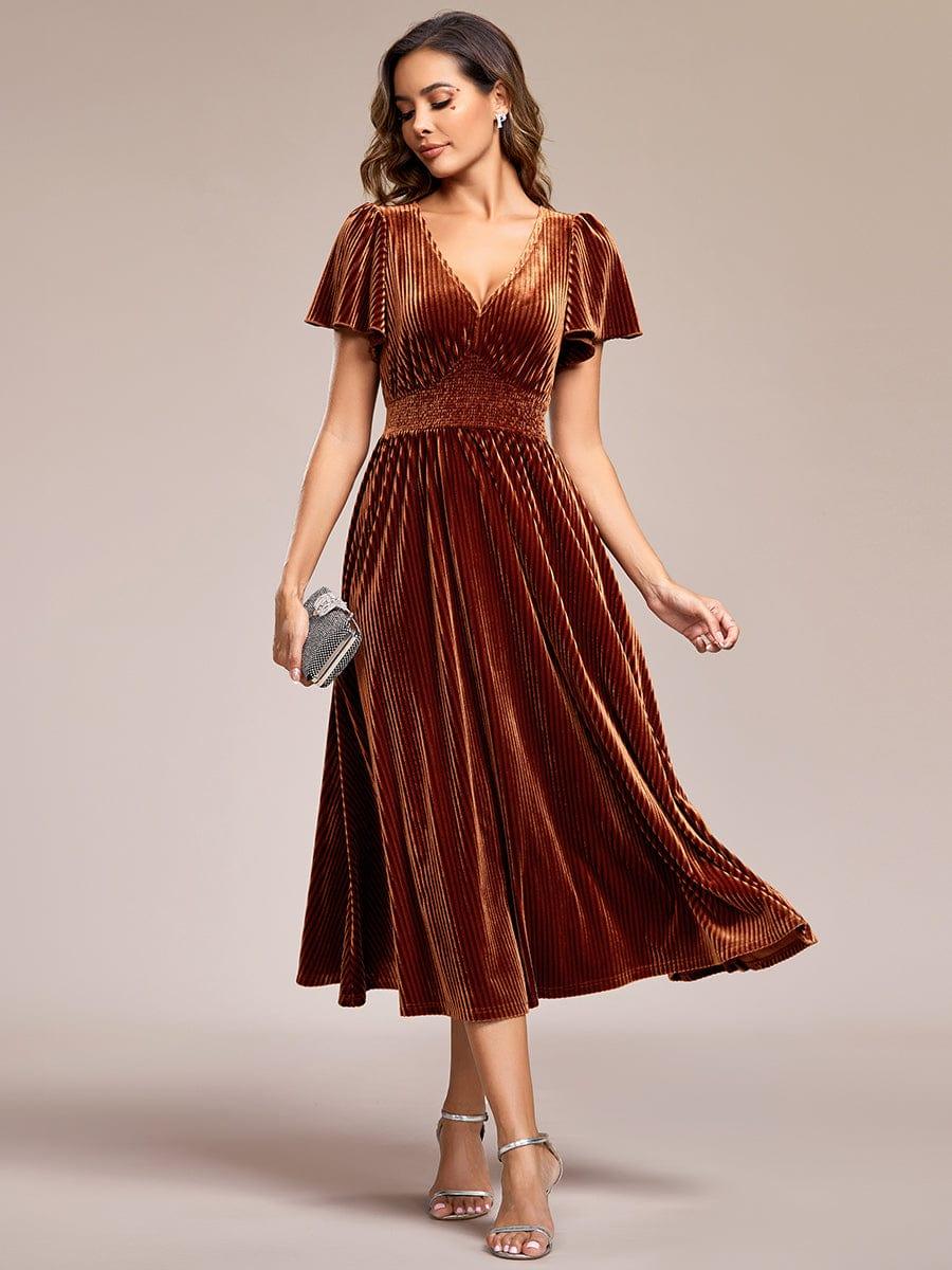 ever AZALEA|Graceful V-Neck Waist Design Short Sleeves Fall Velvet Midi Bridesmaid Dress