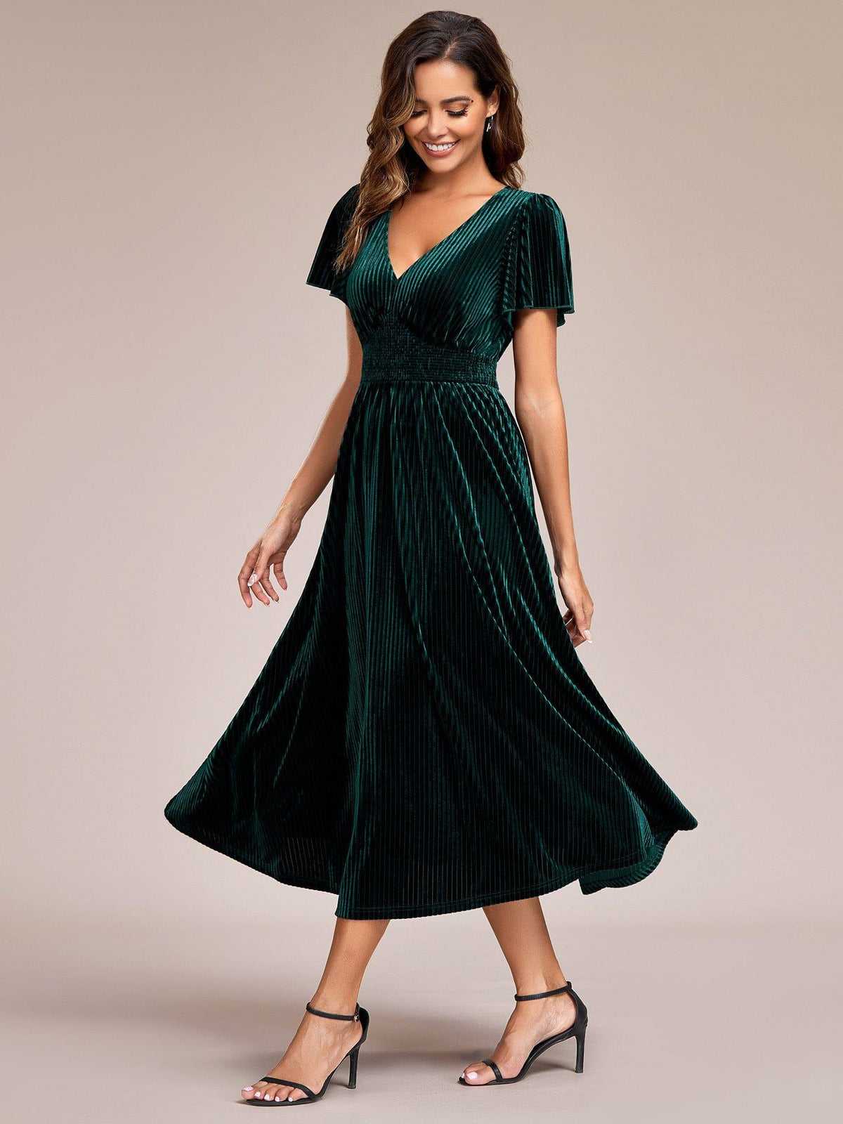 ever AZALEA|V-Neck Waist Pleated Design Short Sleeves Fall Velvet Midi Evening Dress