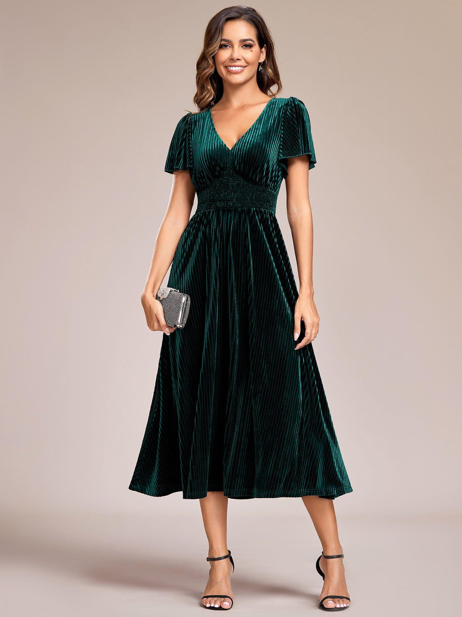 ever AZALEA|V-Neck Waist Pleated Design Short Sleeves Fall Velvet Midi Evening Dress