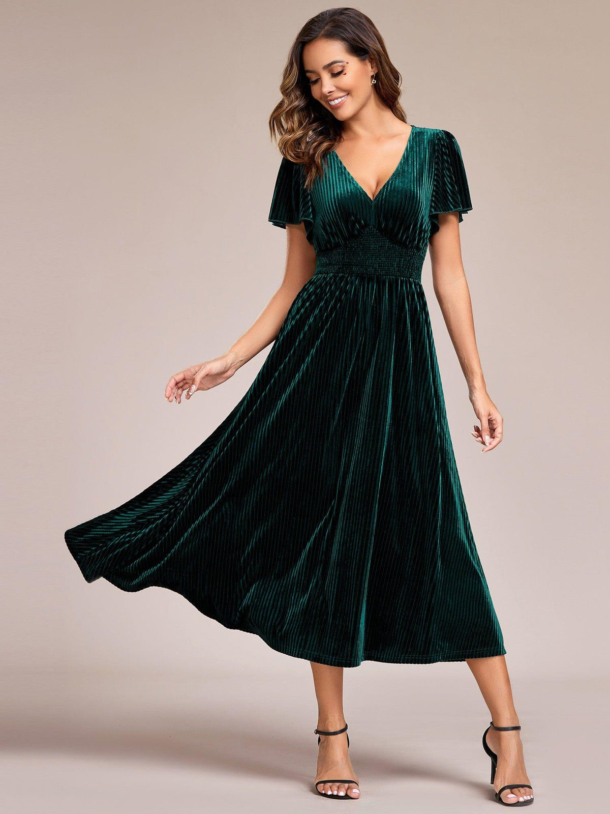 ever AZALEA|V-Neck Waist Pleated Design Short Sleeves Fall Velvet Midi Evening Dress