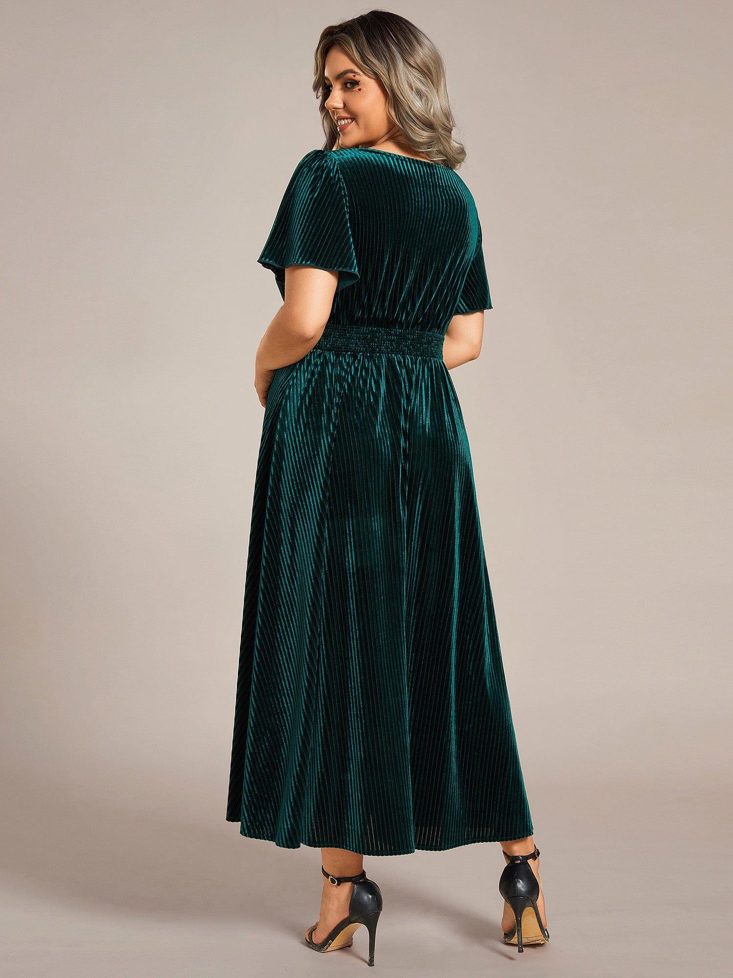 ever AZALEA|Graceful V-Neck Waist Design Short Sleeves Fall Velvet Midi Wedding Guest Dress