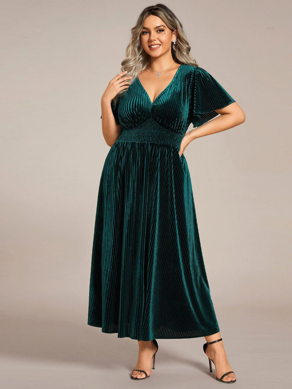 ever AZALEA|V-Neck Waist Pleated Design Short Sleeves Fall Velvet Midi Evening Dress