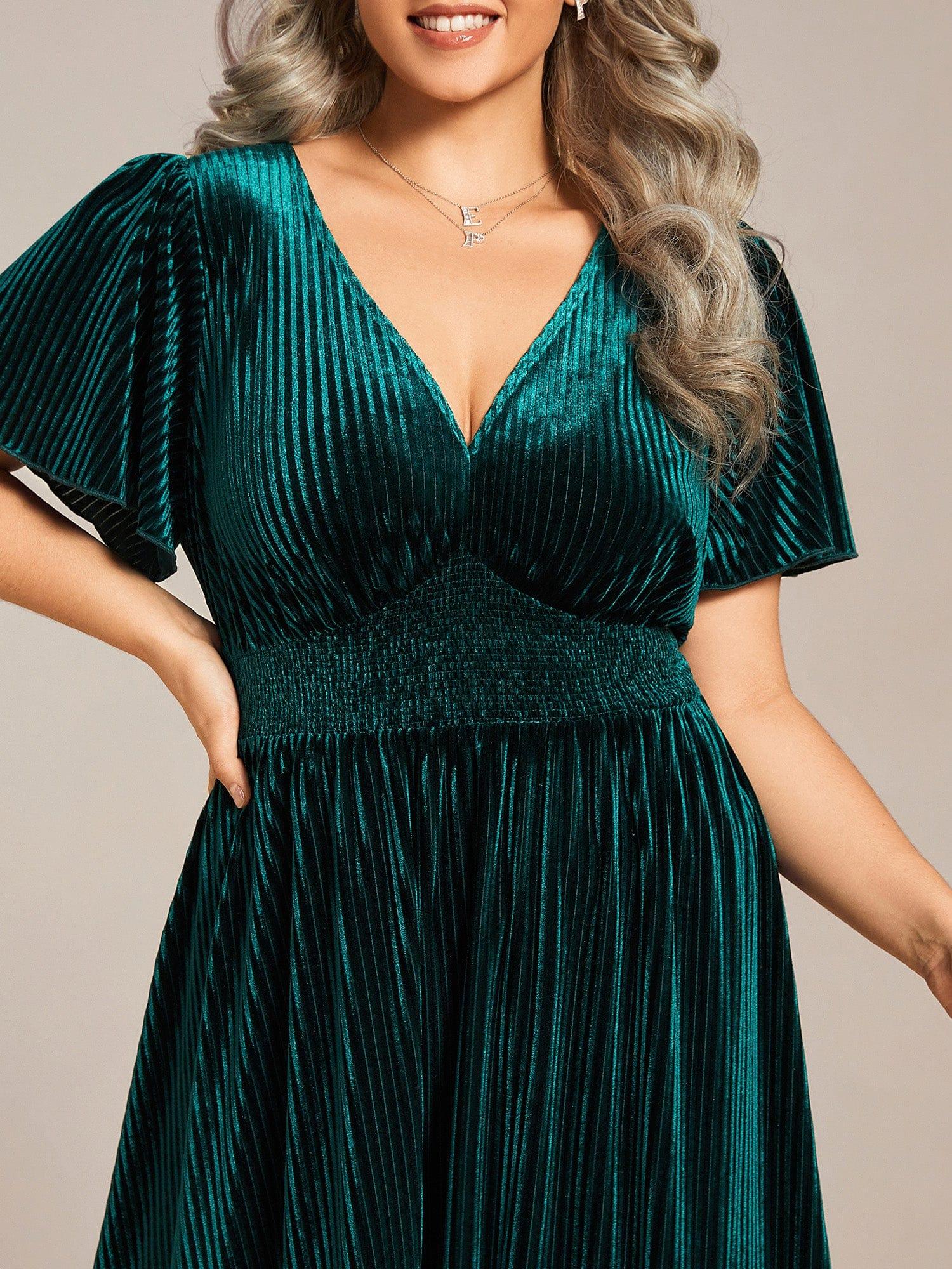 ever AZALEA|V-Neck Waist Pleated Design Short Sleeves Fall Velvet Midi Evening Dress