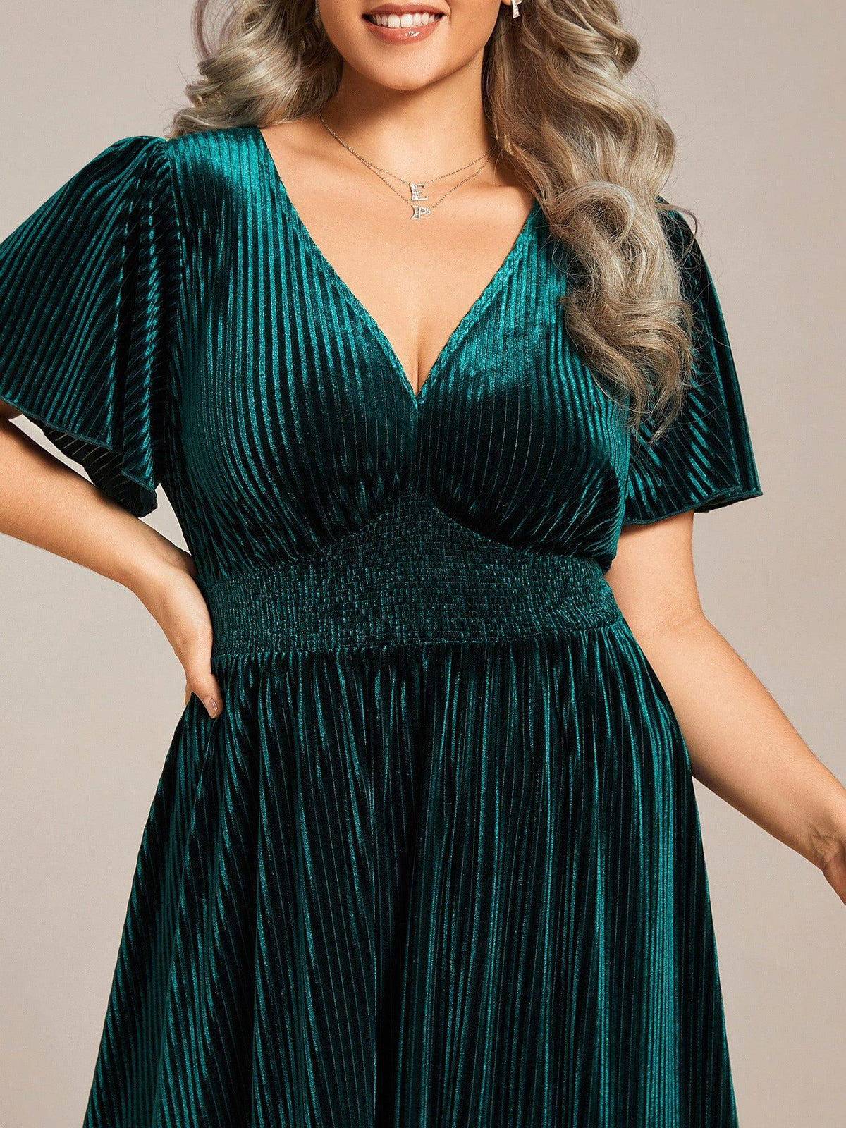 ever AZALEA|Graceful V-Neck Waist Design Short Sleeves Fall Velvet Midi Wedding Guest Dress