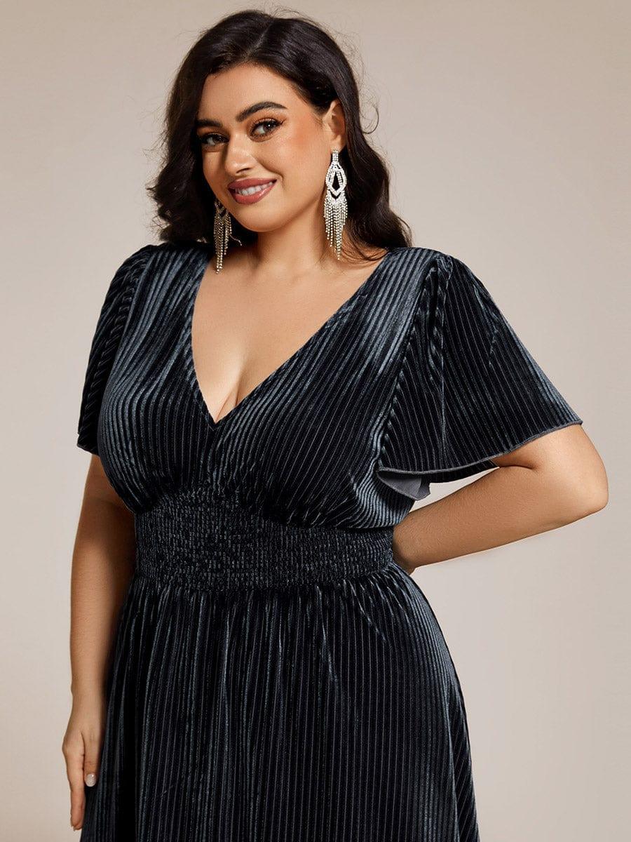 ever AZALEA|V-Neck Waist Pleated Design Short Sleeves Fall Velvet Midi Evening Dress