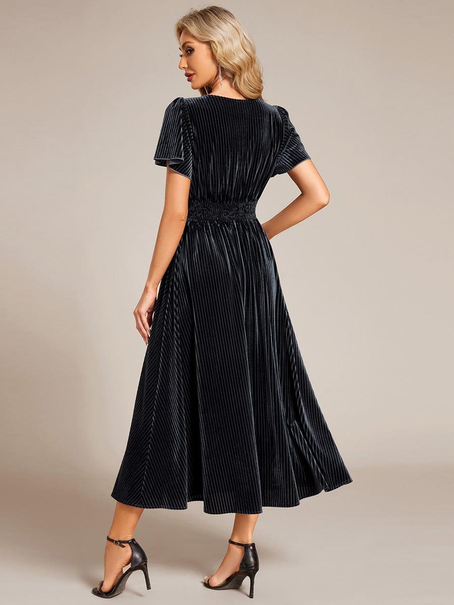 ever AZALEA|Graceful V-Neck Waist Design Short Sleeves Fall Velvet Midi Wedding Guest Dress
