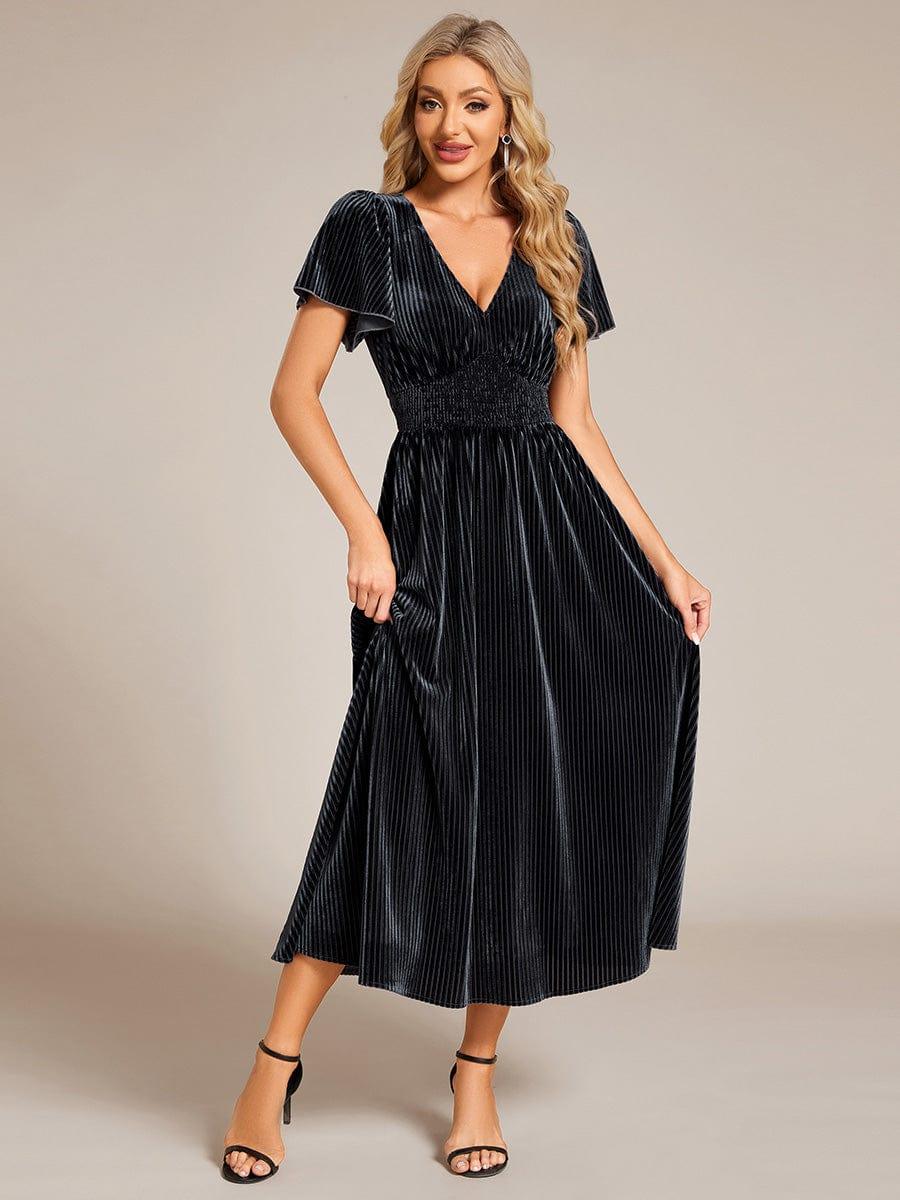 ever AZALEA|V-Neck Waist Pleated Design Short Sleeves Fall Velvet Midi Evening Dress