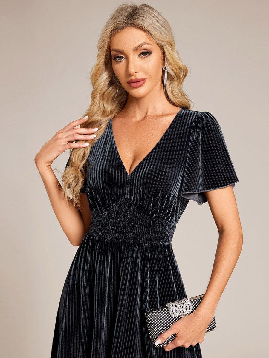 ever AZALEA|V-Neck Waist Pleated Design Short Sleeves Fall Velvet Midi Evening Dress