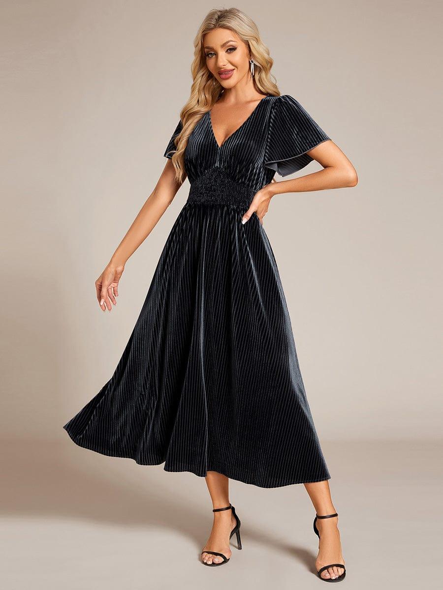 ever AZALEA|Graceful V-Neck Waist Design Short Sleeves Fall Velvet Midi Bridesmaid Dress