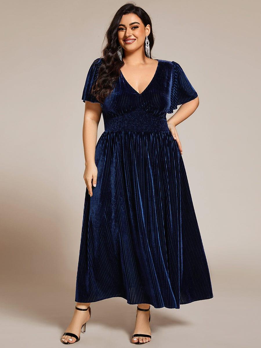 ever AZALEA|Graceful V-Neck Waist Design Short Sleeves Fall Velvet Midi Wedding Guest Dress