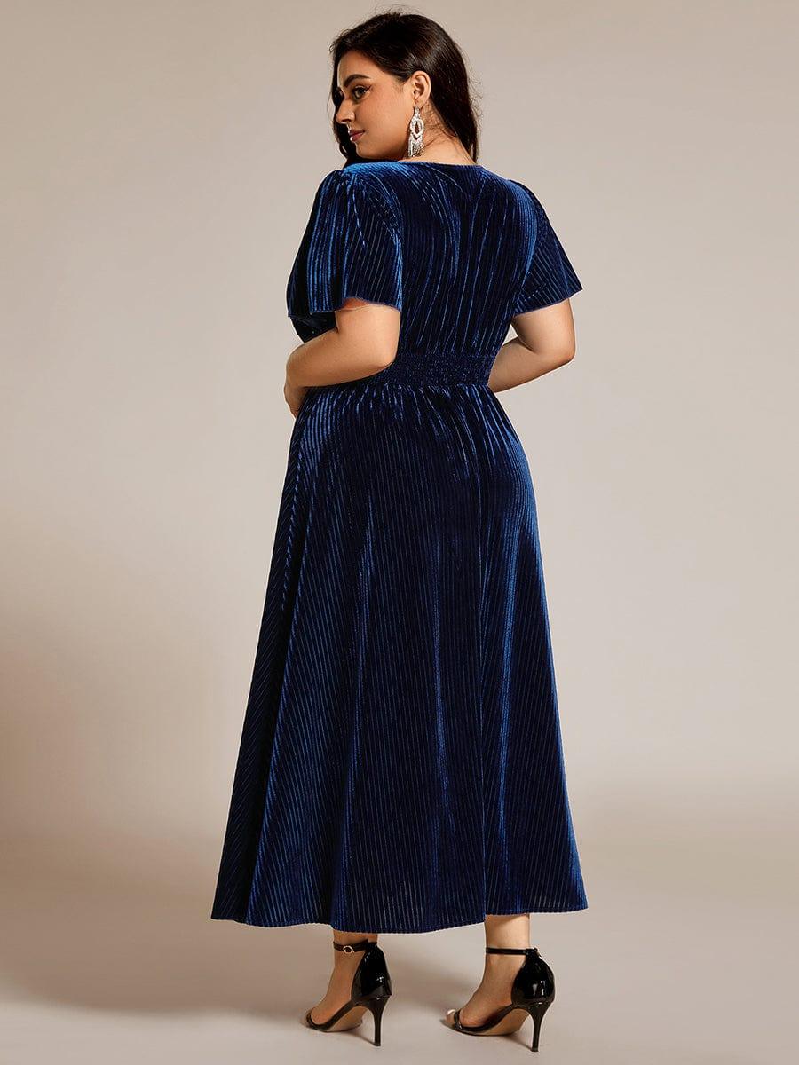 ever AZALEA|V-Neck Waist Pleated Design Short Sleeves Fall Velvet Midi Evening Dress