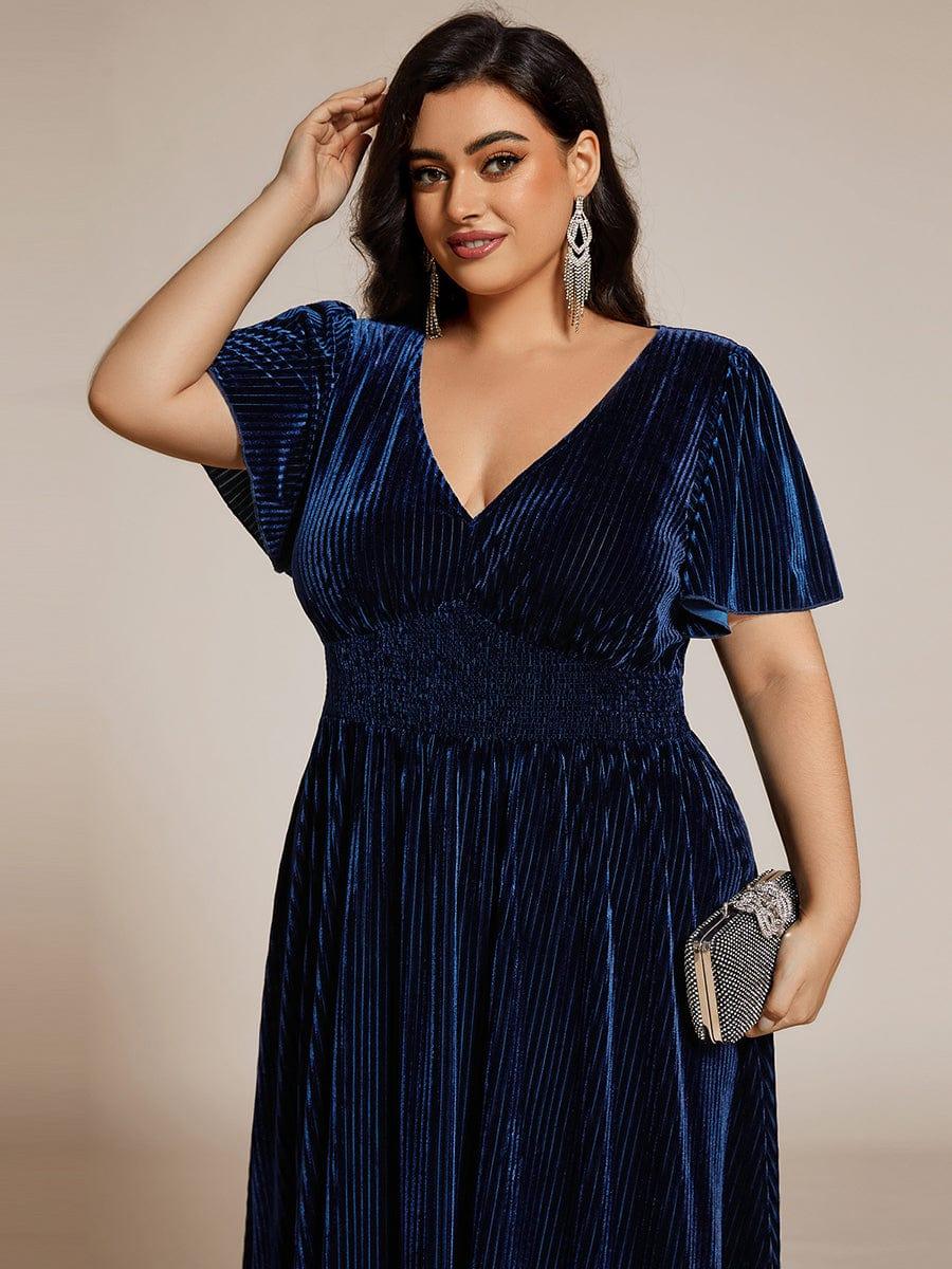ever AZALEA|V-Neck Waist Pleated Design Short Sleeves Fall Velvet Midi Evening Dress
