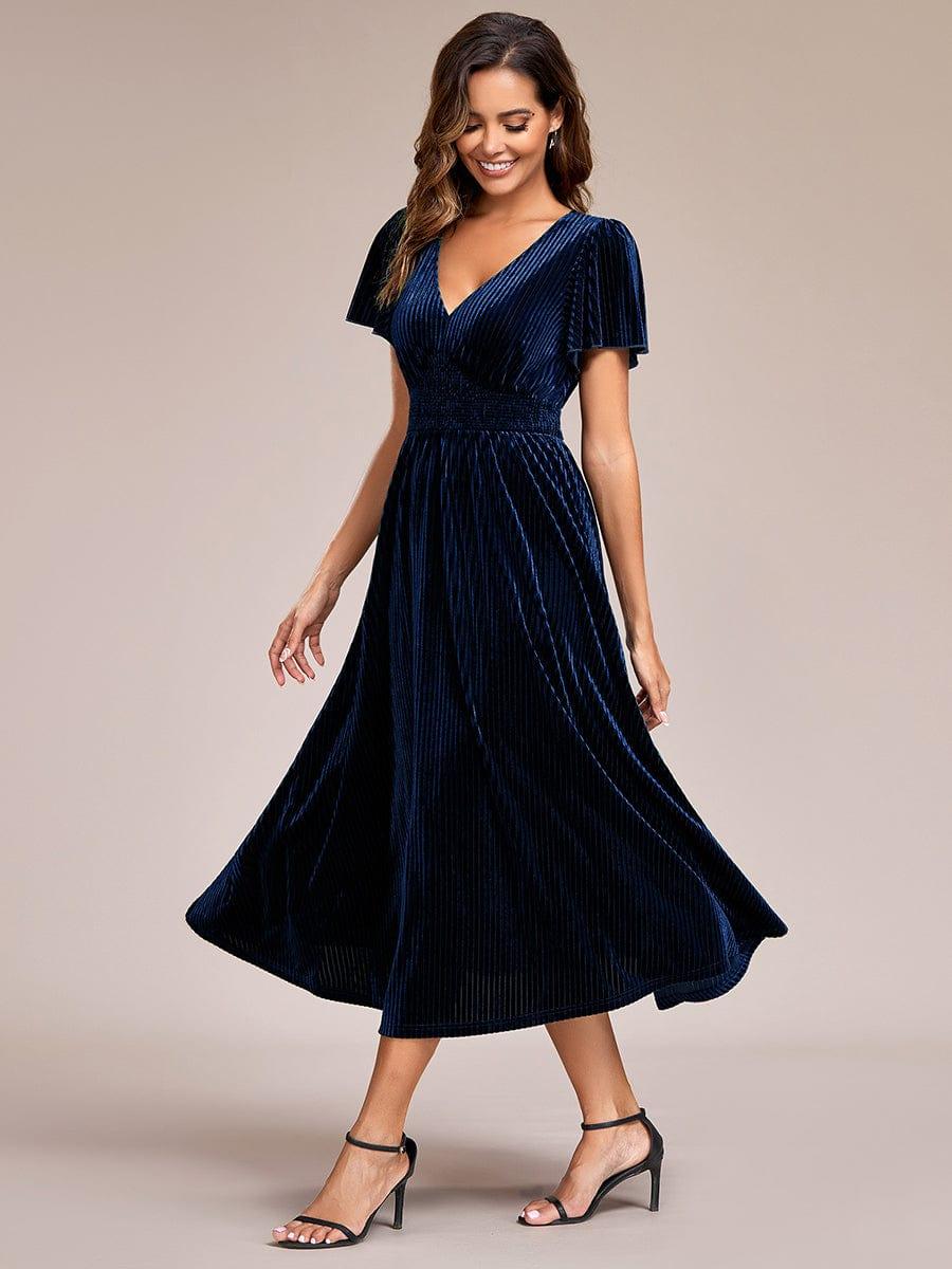 ever AZALEA|V-Neck Waist Pleated Design Short Sleeves Fall Velvet Midi Evening Dress