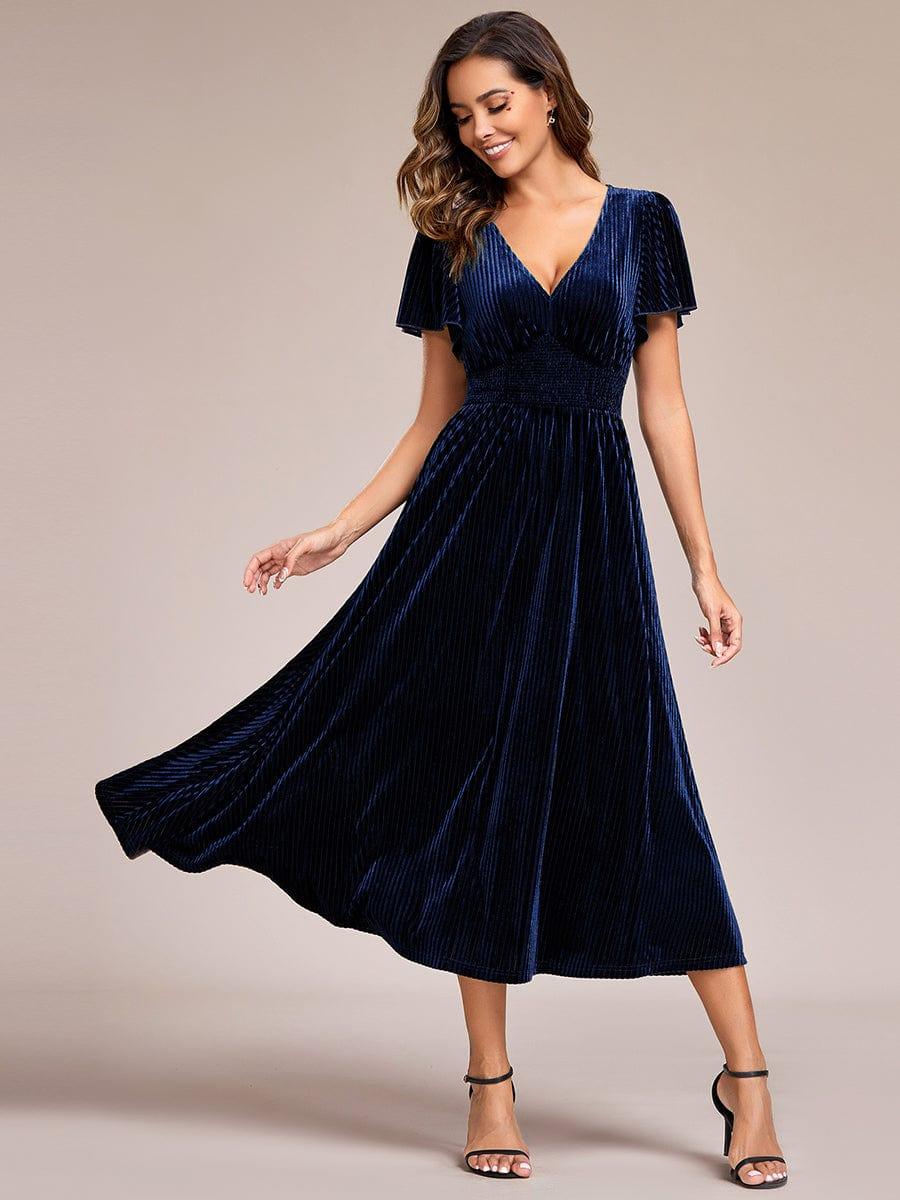 ever AZALEA|V-Neck Waist Pleated Design Short Sleeves Fall Velvet Midi Evening Dress