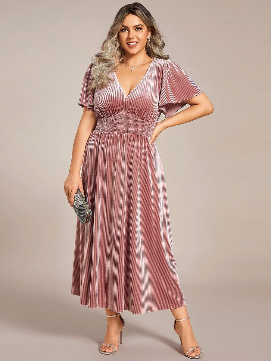 ever AZALEA|V-Neck Waist Pleated Design Short Sleeves Fall Velvet Midi Evening Dress