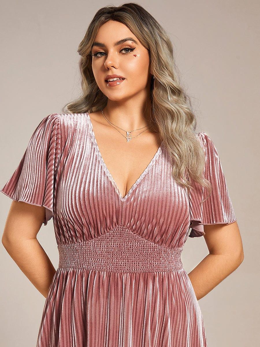 ever AZALEA|V-Neck Waist Pleated Design Short Sleeves Fall Velvet Midi Evening Dress