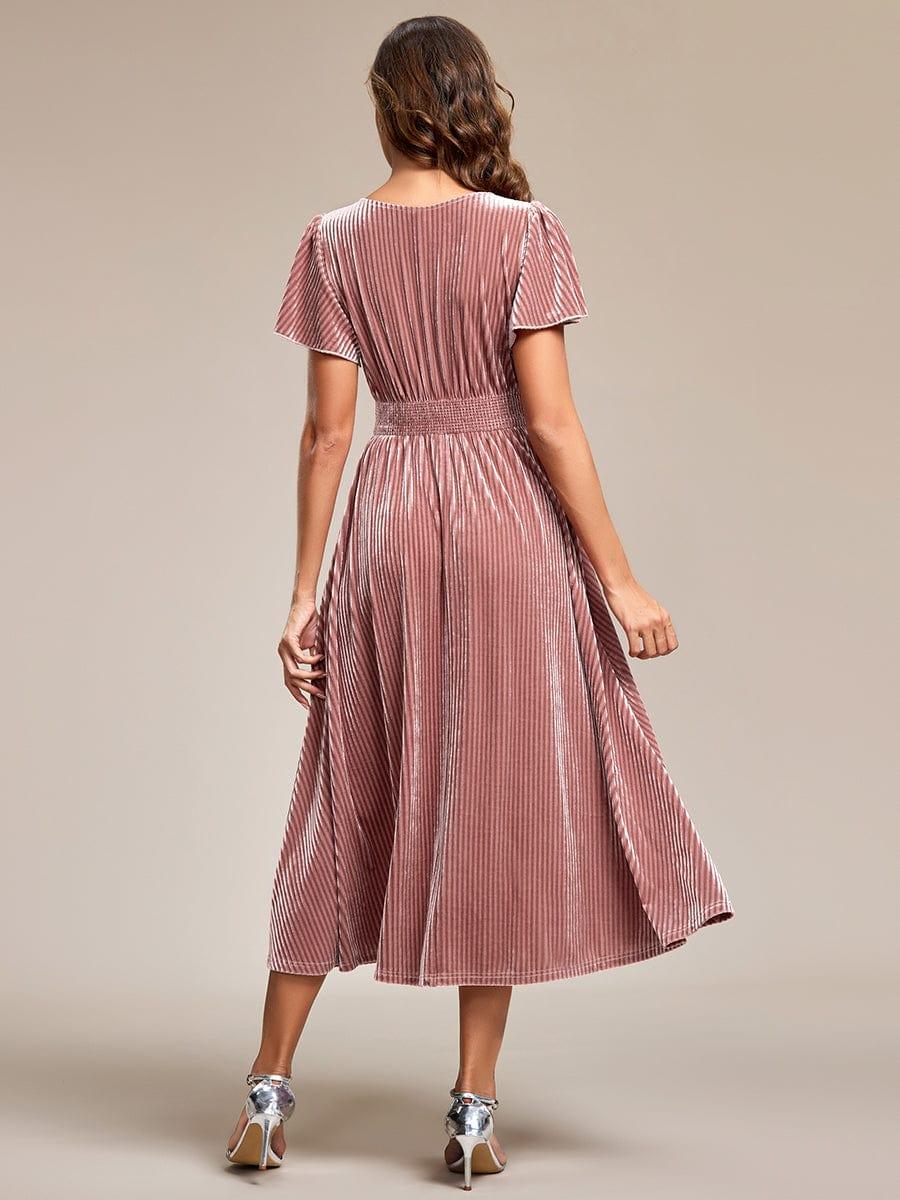 ever AZALEA|V-Neck Waist Pleated Design Short Sleeves Fall Velvet Midi Evening Dress