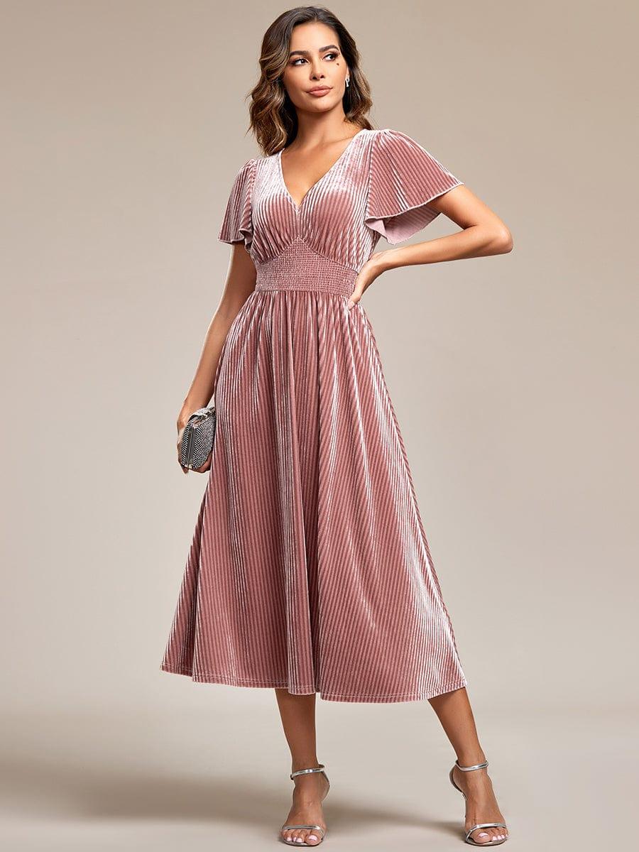 ever AZALEA|Graceful V-Neck Waist Design Short Sleeves Fall Velvet Midi Bridesmaid Dress