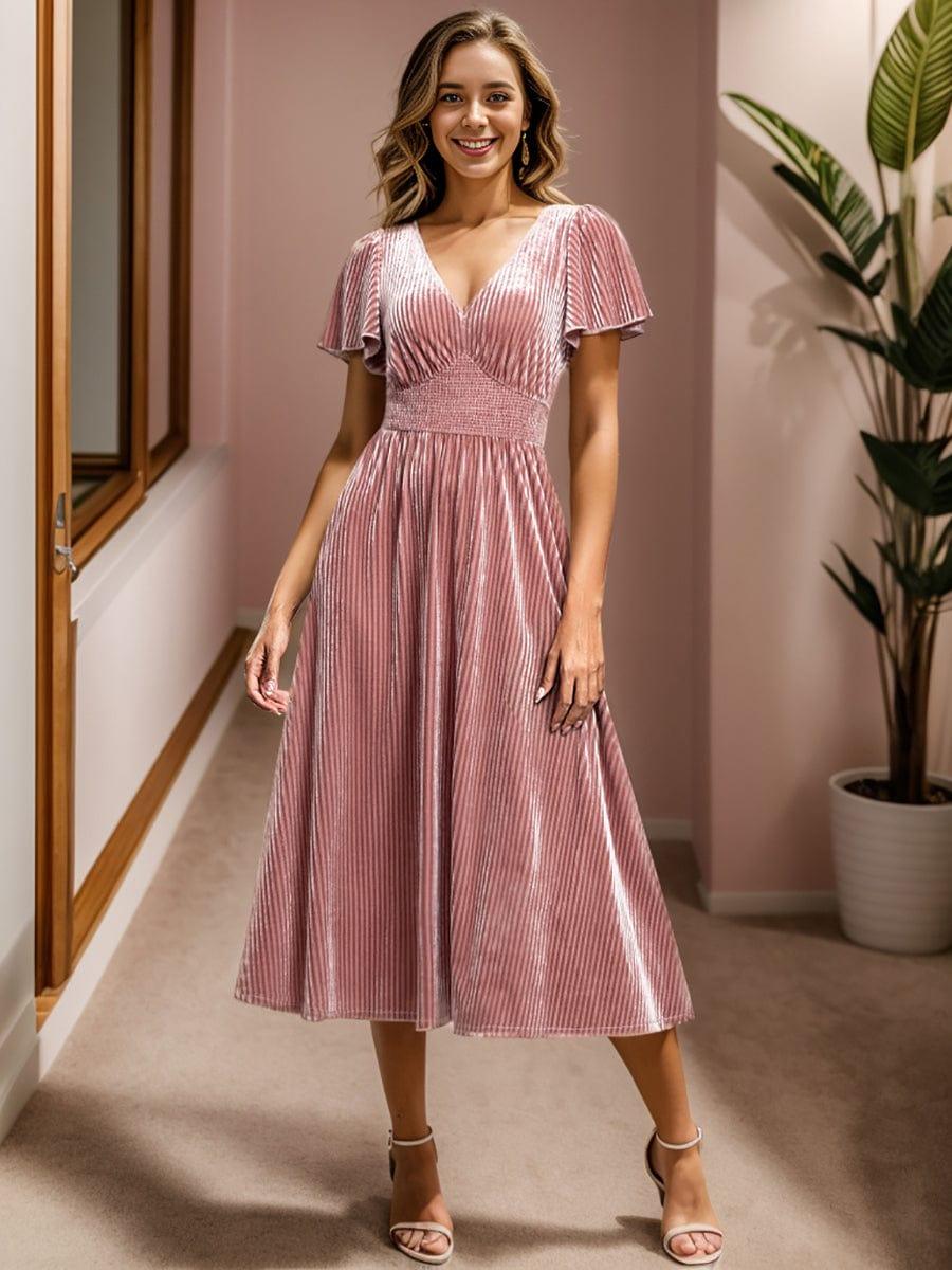 ever AZALEA|Graceful V-Neck Waist Design Short Sleeves Fall Velvet Midi Bridesmaid Dress