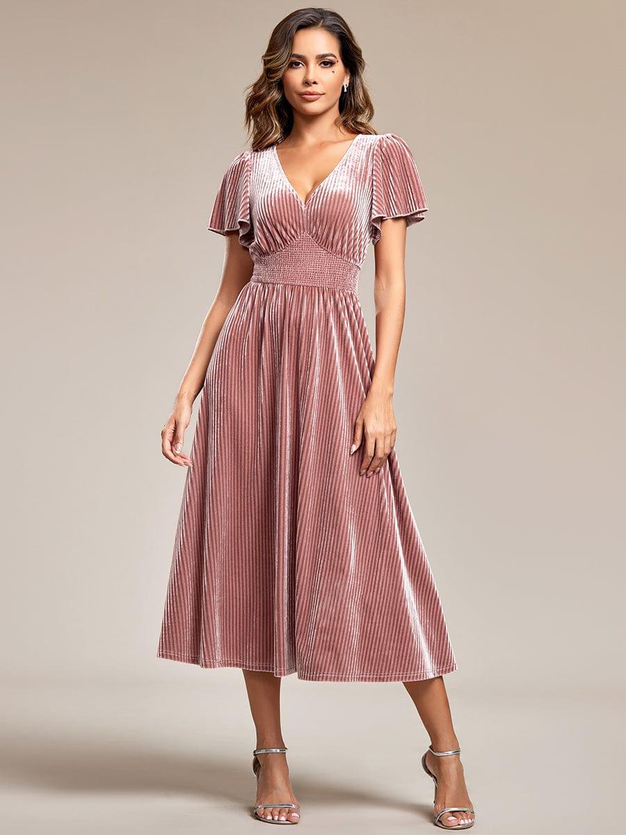 ever AZALEA|Graceful V-Neck Waist Design Short Sleeves Fall Velvet Midi Wedding Guest Dress