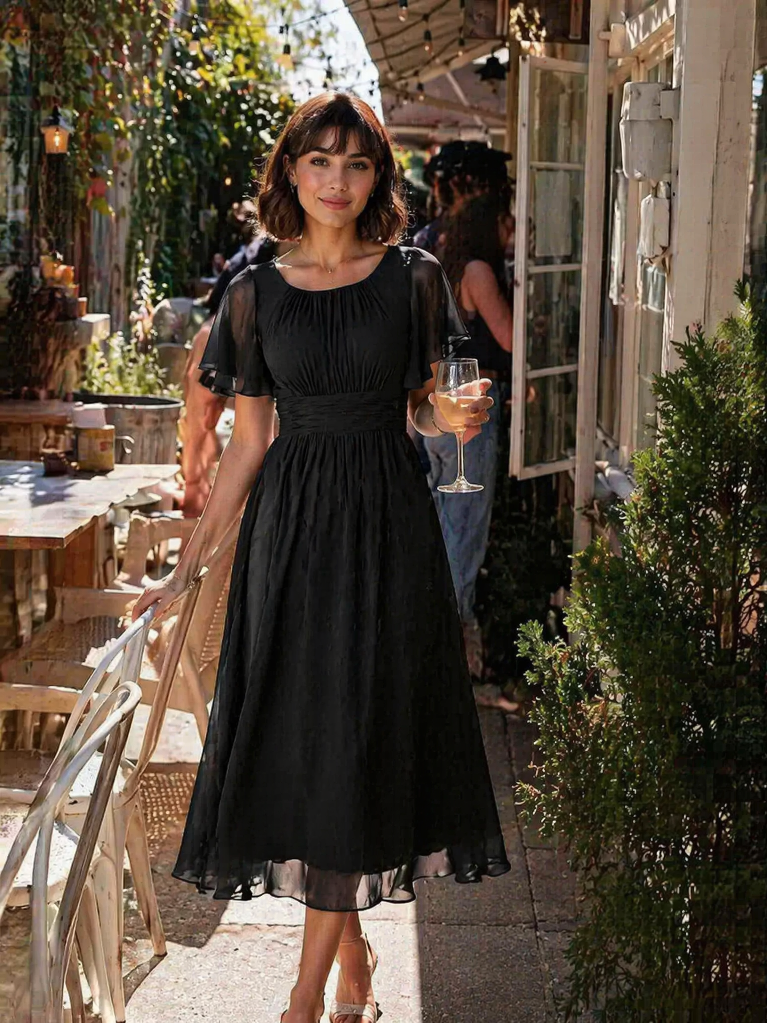ever EDEN|Flowy Chiffon Round Neckline A-Line Knee Length Wedding Guest Dress